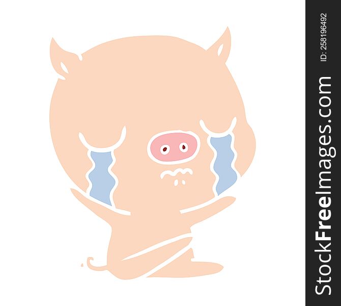 Flat Color Style Cartoon Sitting Pig Crying