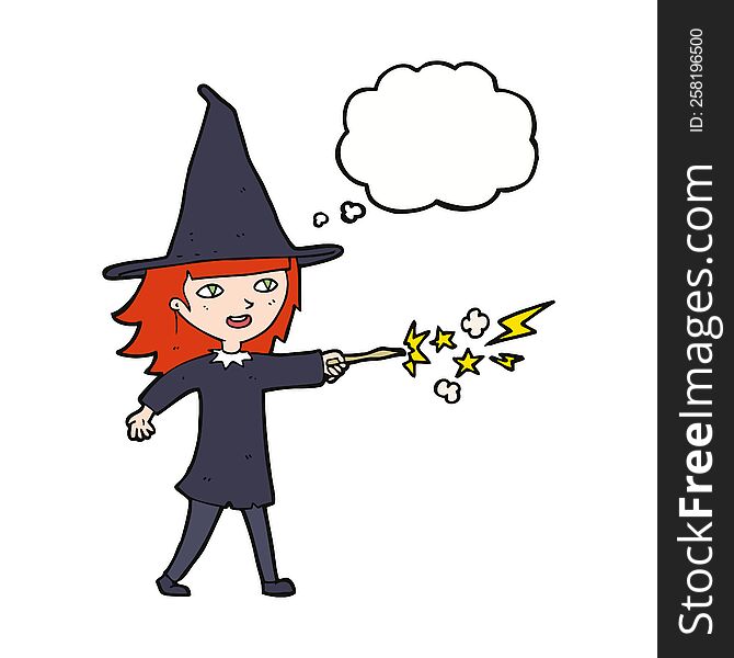 Cartoon Witch Girl Casting Spell With Thought Bubble