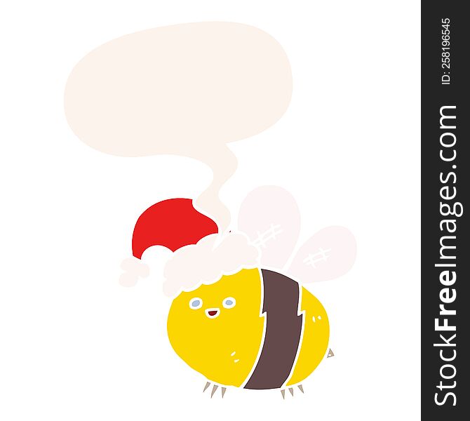 Cute Cartoon Bee Wearing Christmas Hat And Speech Bubble In Retro Style