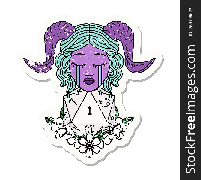 grunge sticker of a crying tiefling with natural one D20 dice roll. grunge sticker of a crying tiefling with natural one D20 dice roll