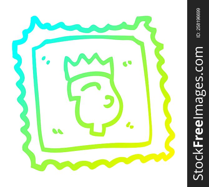 cold gradient line drawing of a cartoon stamp with royal face