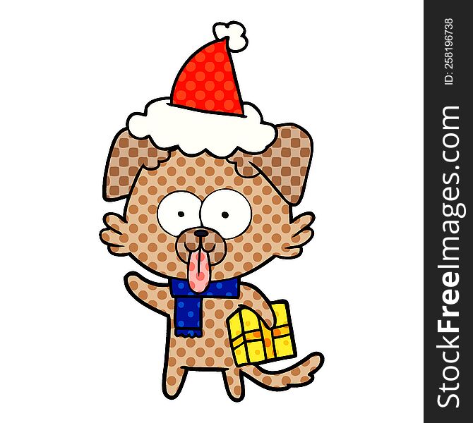 hand drawn comic book style illustration of a dog with christmas present wearing santa hat