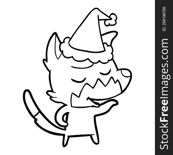 friendly hand drawn line drawing of a fox wearing santa hat. friendly hand drawn line drawing of a fox wearing santa hat