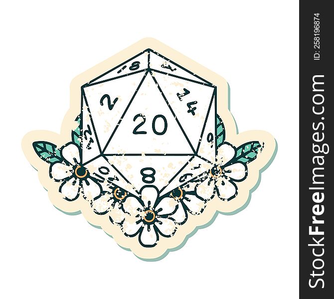 grunge sticker of a natural 20 D20 dice roll with floral elements. grunge sticker of a natural 20 D20 dice roll with floral elements