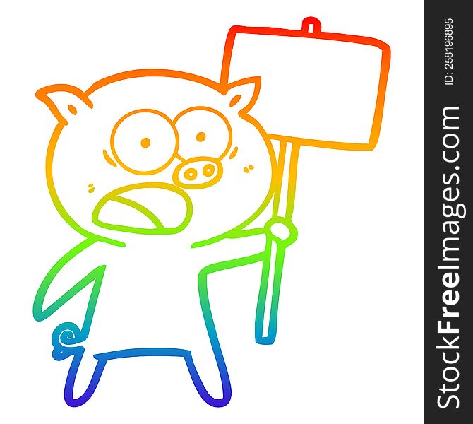 Rainbow Gradient Line Drawing Cartoon Pig Protesting