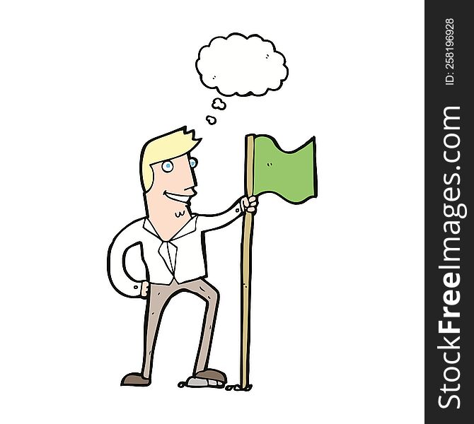 cartoon man planting flag with thought bubble