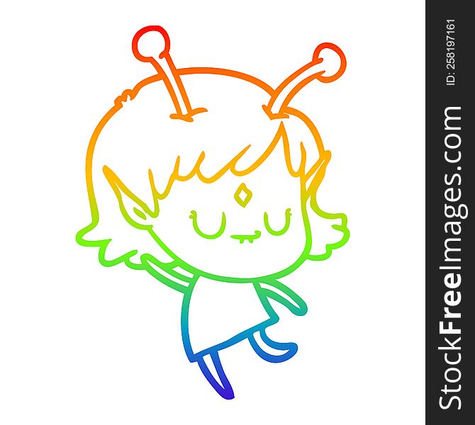 Rainbow Gradient Line Drawing Cartoon Alien Girl