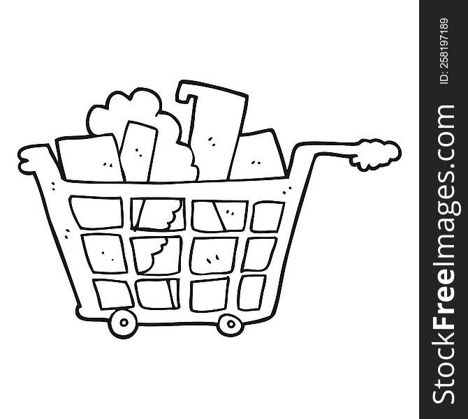 freehand drawn black and white cartoon shopping trolley