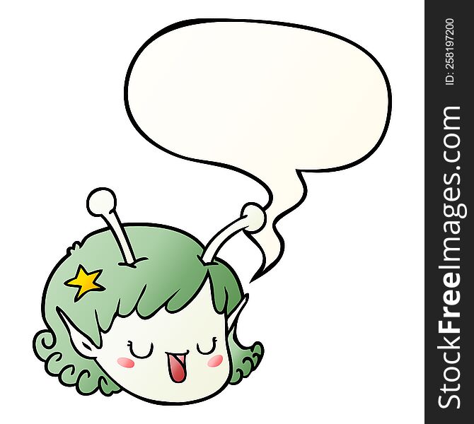 cartoon alien space girl face with speech bubble in smooth gradient style