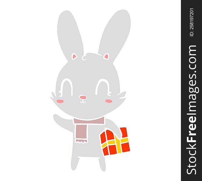 cute flat color style cartoon rabbit with christmas present