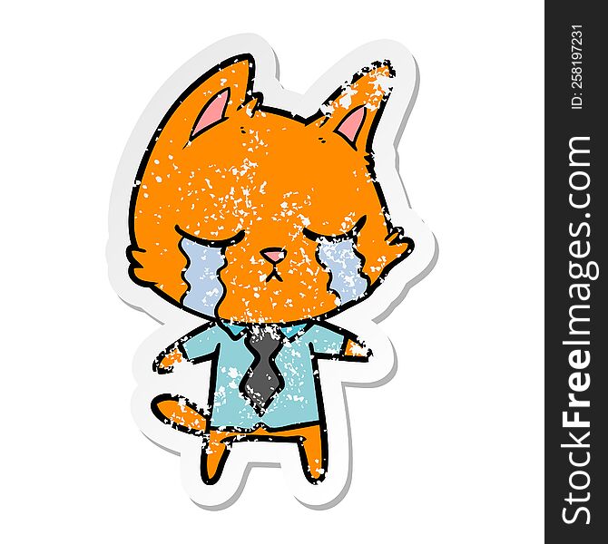 Distressed Sticker Of A Crying Cartoon Office Worker Cat