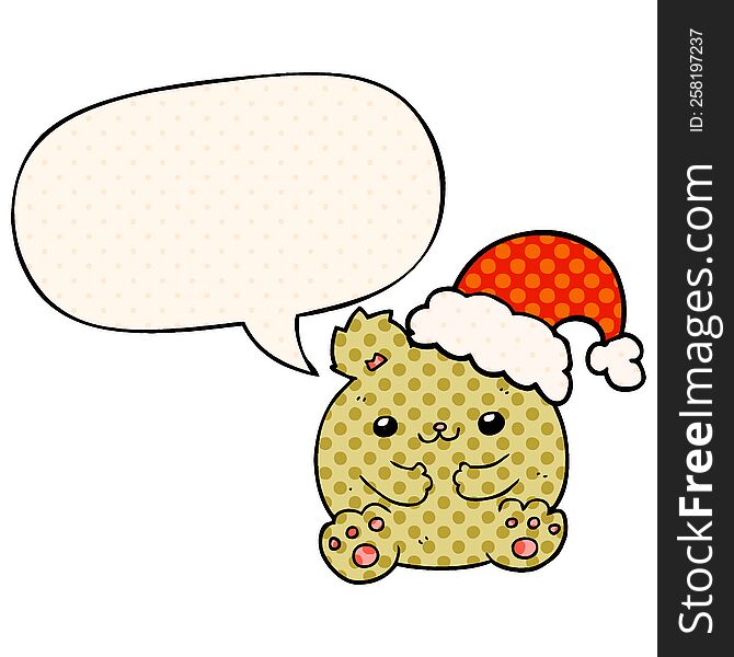 cute cartoon christmas bear with speech bubble in comic book style