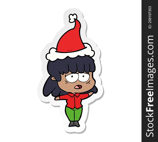 Sticker Cartoon Of A Tired Woman Wearing Santa Hat