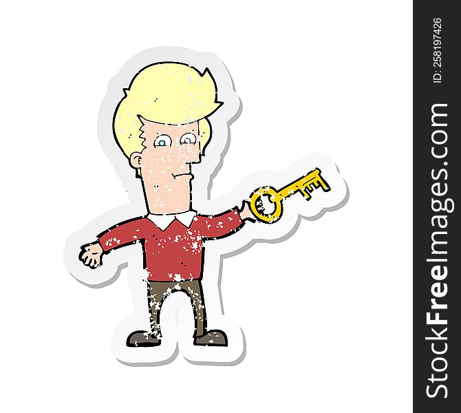 retro distressed sticker of a cartoon man with key