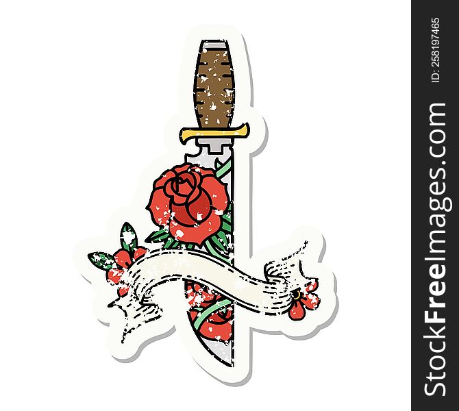 worn old sticker with banner of a dagger and flowers. worn old sticker with banner of a dagger and flowers