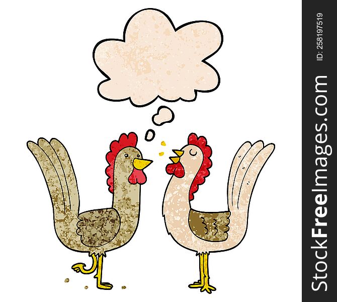 cartoon chickens and thought bubble in grunge texture pattern style