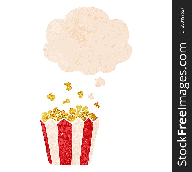 cartoon popcorn and thought bubble in retro textured style