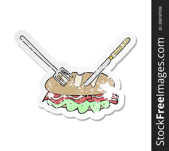 retro distressed sticker of a cartoon knife and fork cutting huge sandwich