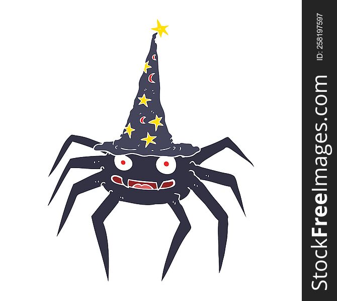 flat color illustration of halloween spider in witch hat. flat color illustration of halloween spider in witch hat