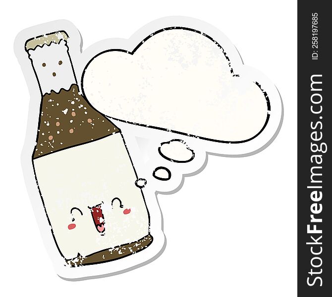 cartoon beer bottle with thought bubble as a distressed worn sticker