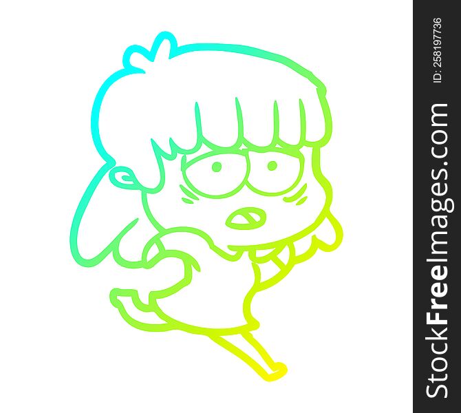 cold gradient line drawing of a cartoon tired woman