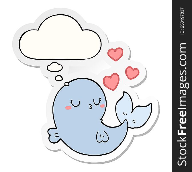 cute cartoon whale in love with thought bubble as a printed sticker
