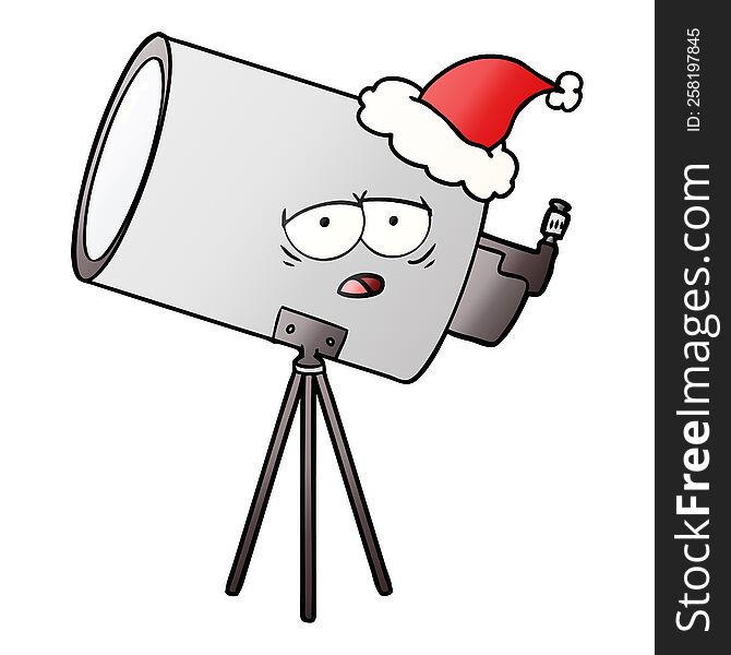 hand drawn gradient cartoon of a bored telescope with face wearing santa hat
