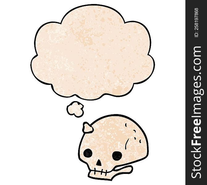 Cartoon Spooky Skull And Thought Bubble In Grunge Texture Pattern Style