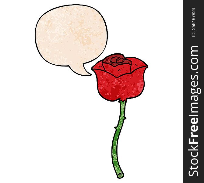 cartoon rose with speech bubble in retro texture style
