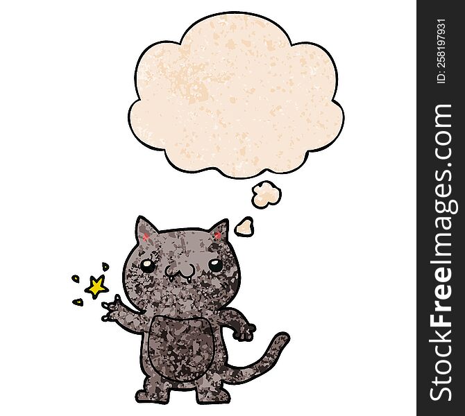 cartoon cat scratching and thought bubble in grunge texture pattern style