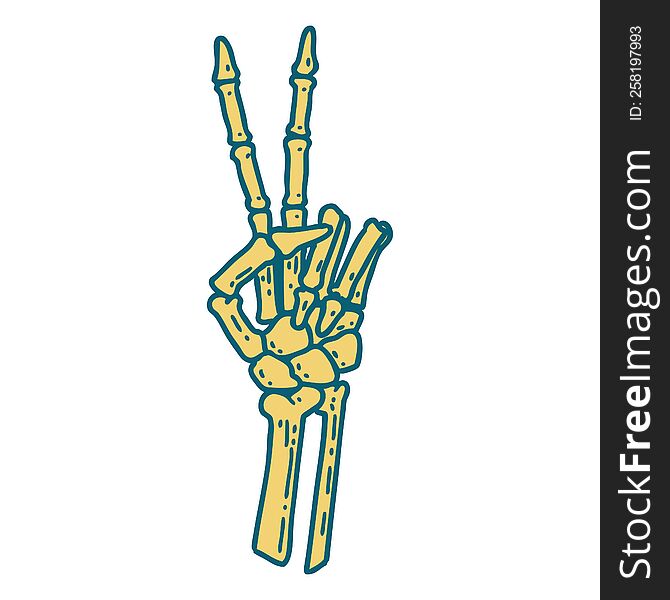 iconic tattoo style image of a skeleton giving a peace sign. iconic tattoo style image of a skeleton giving a peace sign
