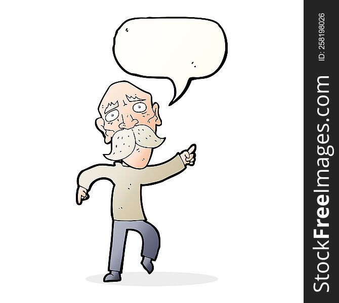 cartoon sad old man pointing with speech bubble