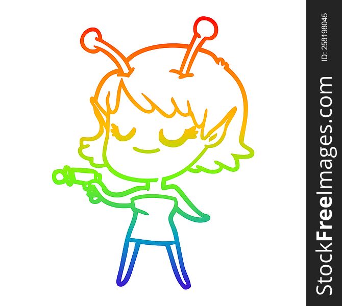 Rainbow Gradient Line Drawing Smiling Alien Girl Cartoon Pointing Ray Gun