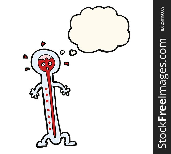 cartoon hot thermometer with thought bubble