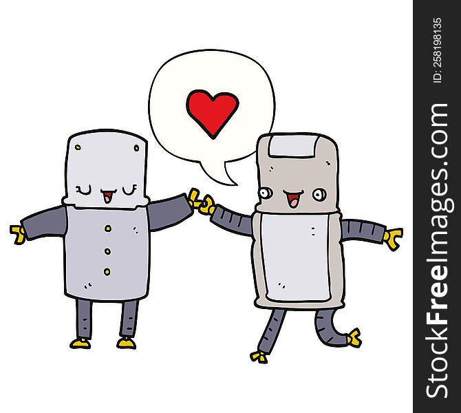 cartoon robots in love with speech bubble. cartoon robots in love with speech bubble