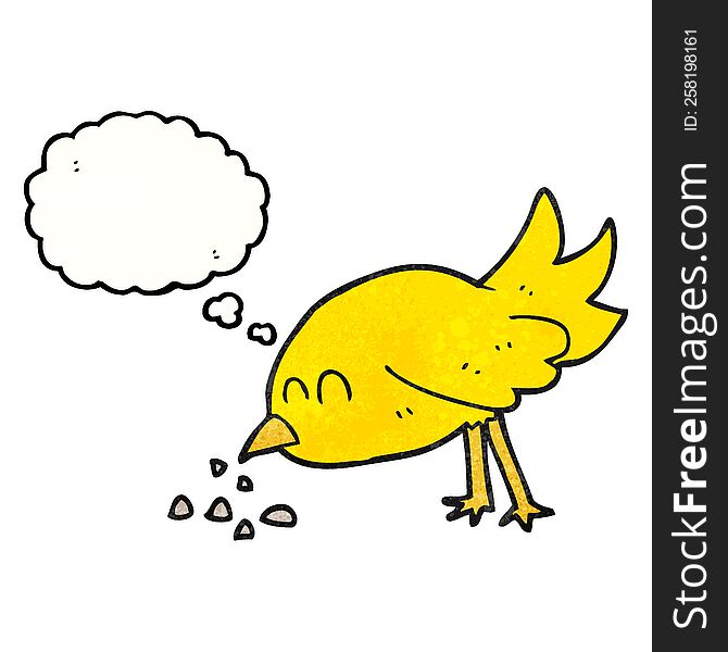freehand drawn thought bubble textured cartoon bird pecking seeds