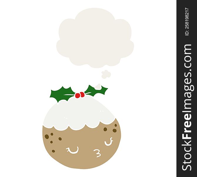 cute cartoon christmas pudding with thought bubble in retro style
