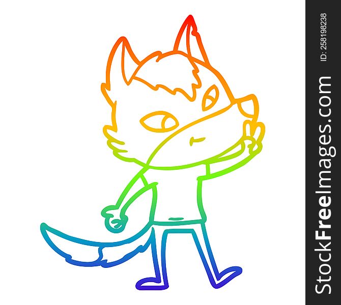 Rainbow Gradient Line Drawing Friendly Cartoon Wolf Giving Peace Sign