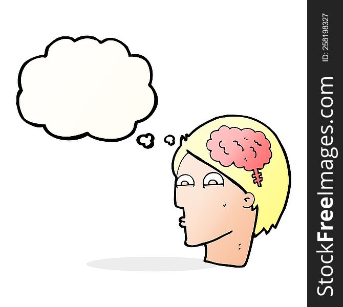 Cartoon Head With Brain Symbol With Thought Bubble