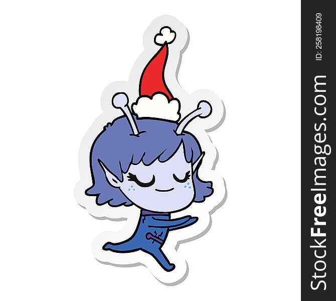 smiling alien girl hand drawn sticker cartoon of a running wearing santa hat