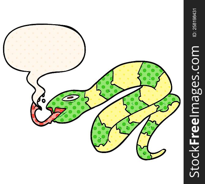 cartoon hissing snake with speech bubble in comic book style