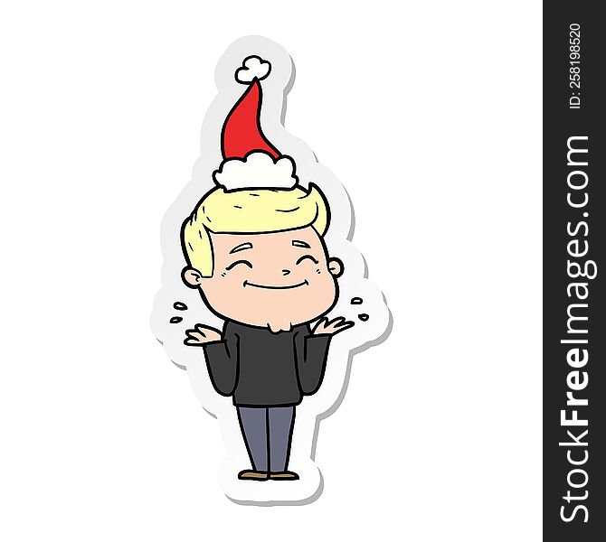 Happy Sticker Cartoon Of A Man Shrugging Wearing Santa Hat