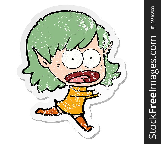 Distressed Sticker Of A Cartoon Shocked Elf Girl