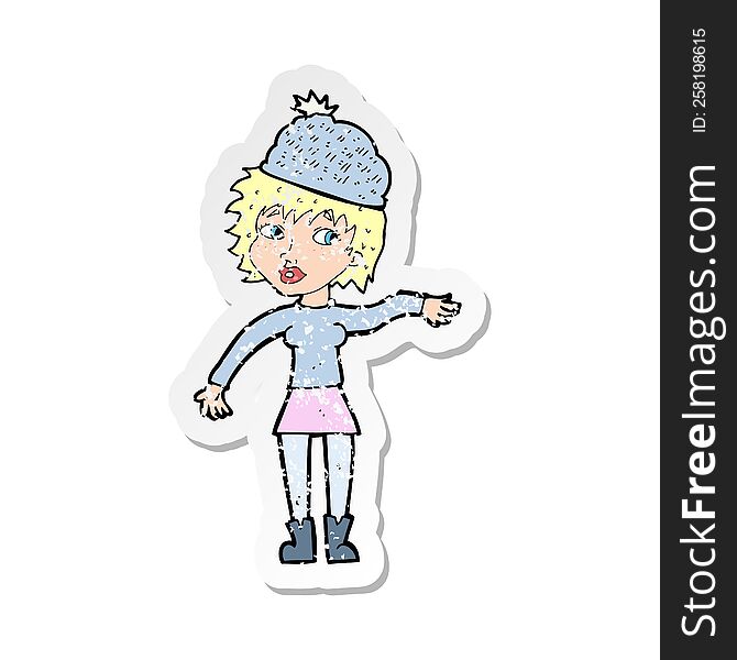 retro distressed sticker of a cartoon woman wearing hat