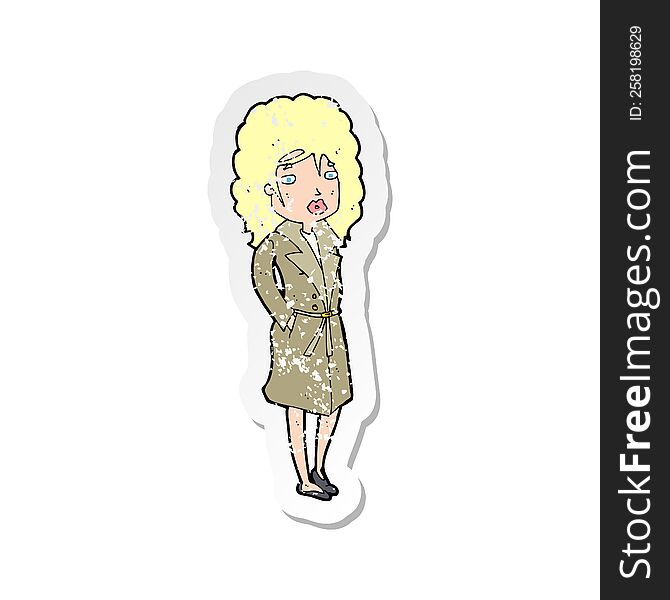 retro distressed sticker of a cartoon woman in trench coat