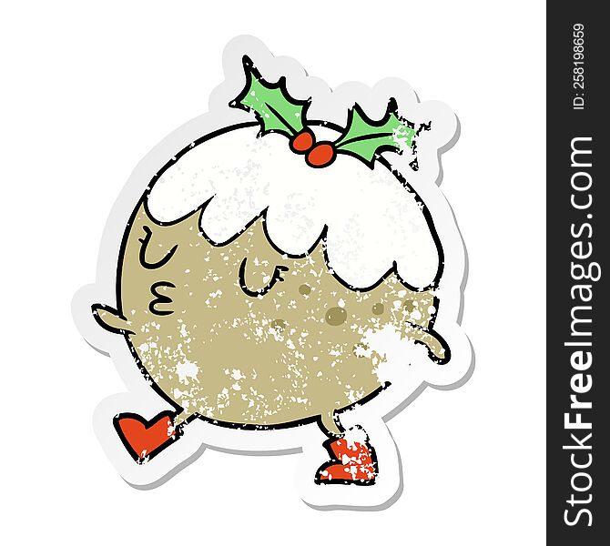 distressed sticker of a cartoon chrstmas pudding walking
