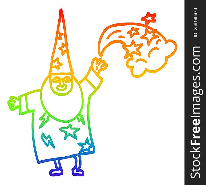 rainbow gradient line drawing of a cartoon wizard casting spell