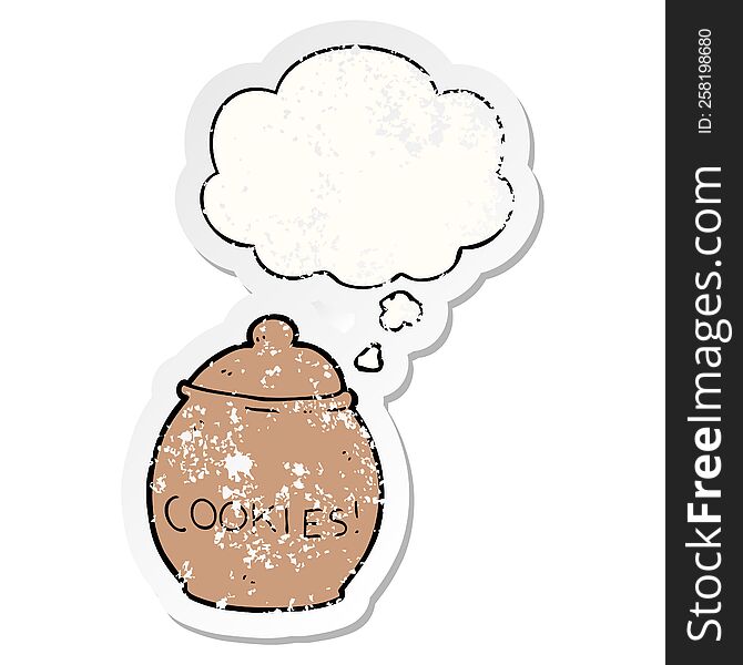 cartoon cookie jar with thought bubble as a distressed worn sticker