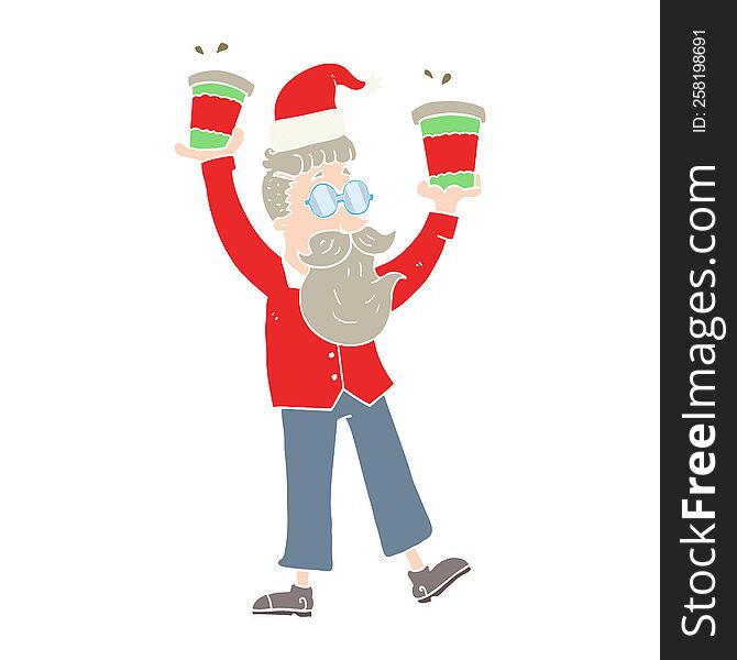 Flat Color Illustration Of A Cartoon Man With Coffee Cups At Christmas