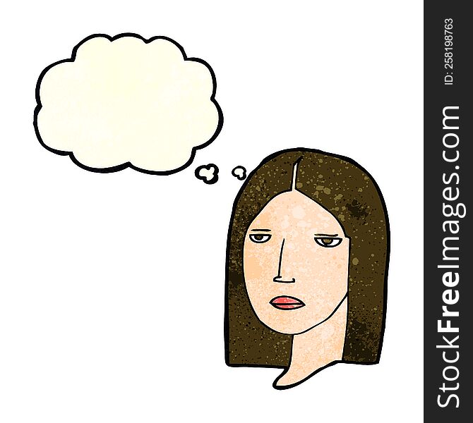 cartoon serious woman with thought bubble